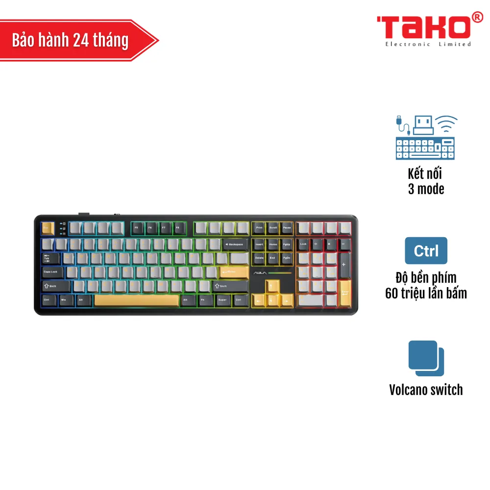 AULA F108 BÀN PHÍM CƠ GAMING 3 MODE (Phiên bản Đen+ Xám + Vàng/ Volcano switch)