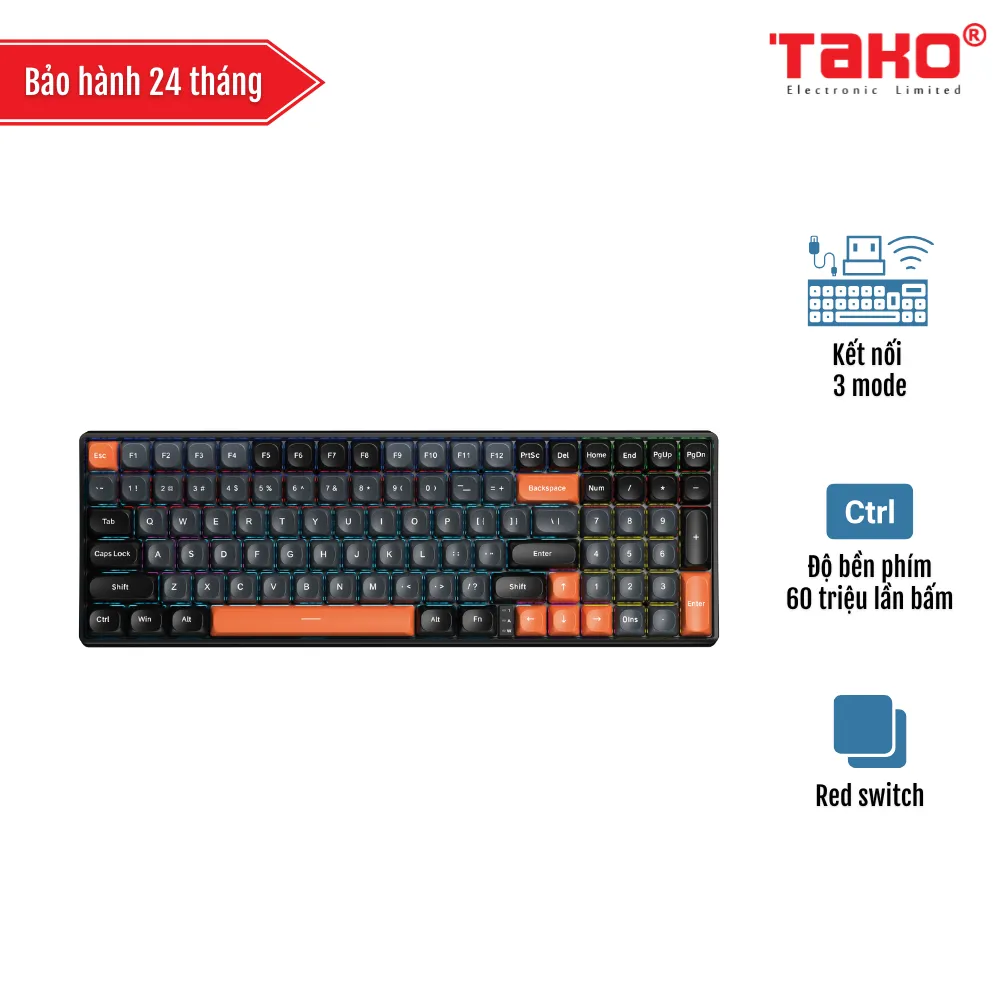 AULA S100 PRO (3411) BÀN PHÍM CƠ GAMING 3 MODE (Phiên bản Đen+xám+cam/ Red switch)