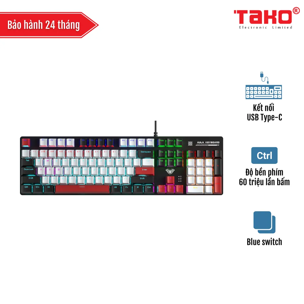 AULA S500 (4531) BÀN PHÍM CƠ GAMING CÓ DÂY (Phiên bản Đen + trắng + đỏ/ Blue switch)