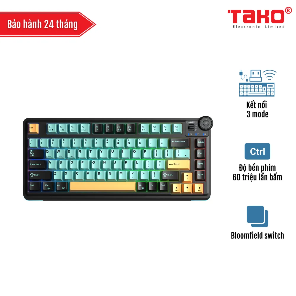 AULA AU75 (3381) BÀN PHÍM CƠ GAMING 3 MODE (Phiên bản màu Đen+xanh lá+cam, Bloomfield switch)