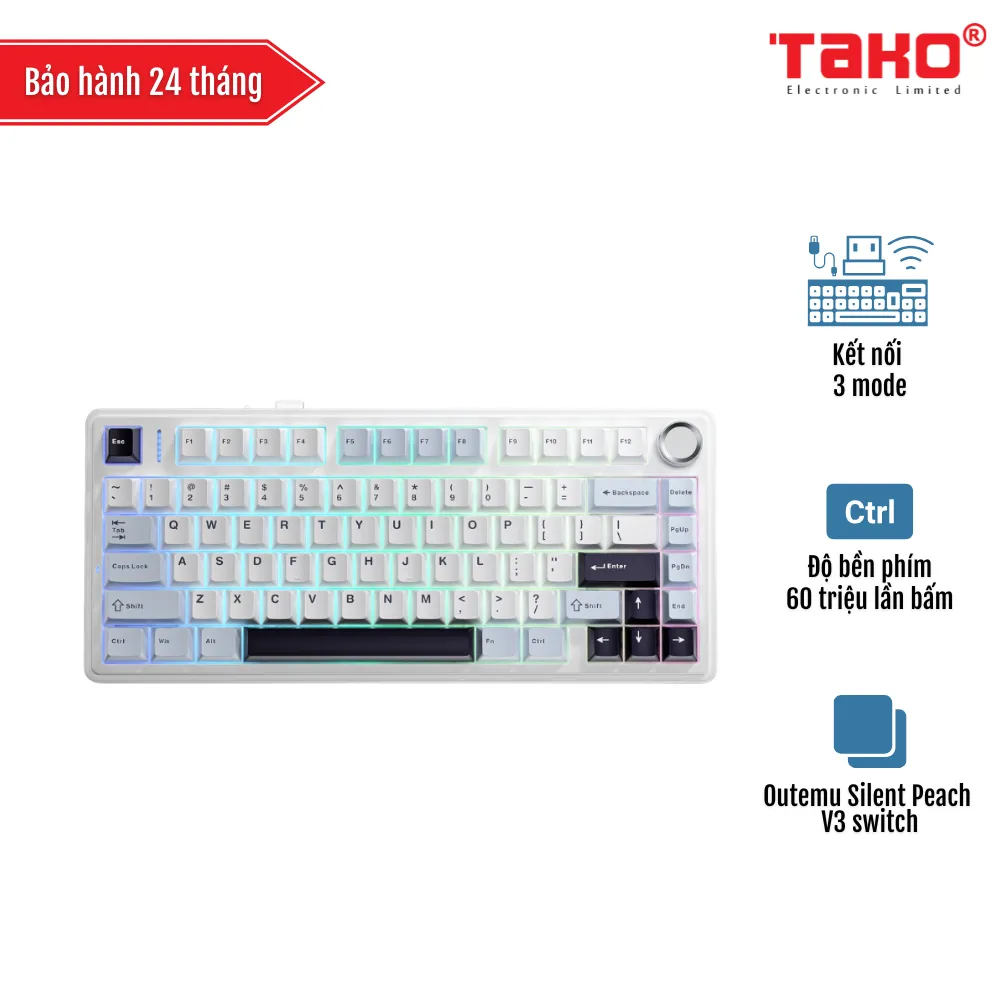 AULA F75 (2070) BÀN PHÍM CƠ GAMING 3 MODE (Phiên bản màu Xanh dương + Trắng + Tím đậm/ Outemu Silent Peach V3 switch)