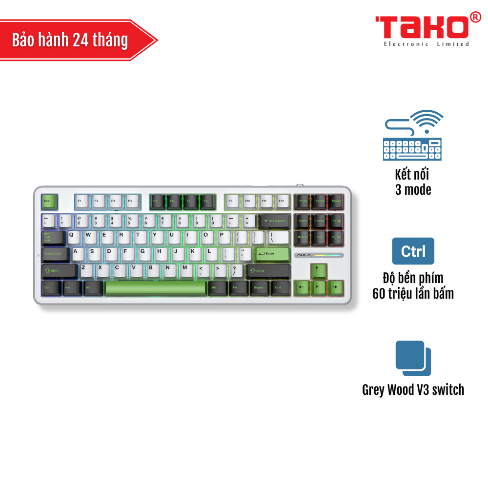 AULA F87 BÀN PHÍM CƠ GAMING 3 MODE (Phiên bản đen + trắng + xanh lá/ Grey Wood V3 Switch)