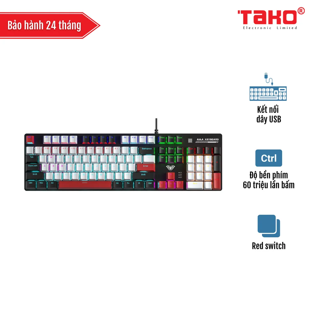 AULA S500 (4876) BÀN PHÍM CƠ GAMING CÓ DÂY (Phiên bản Đen + trắng + đỏ/ Red switch)