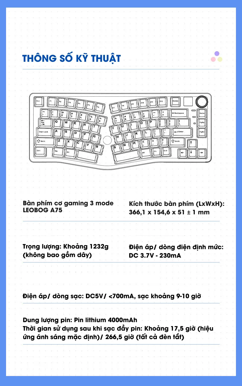 LEOBOG A75 BÀN PHÍM CƠ GAMING 3 MODE